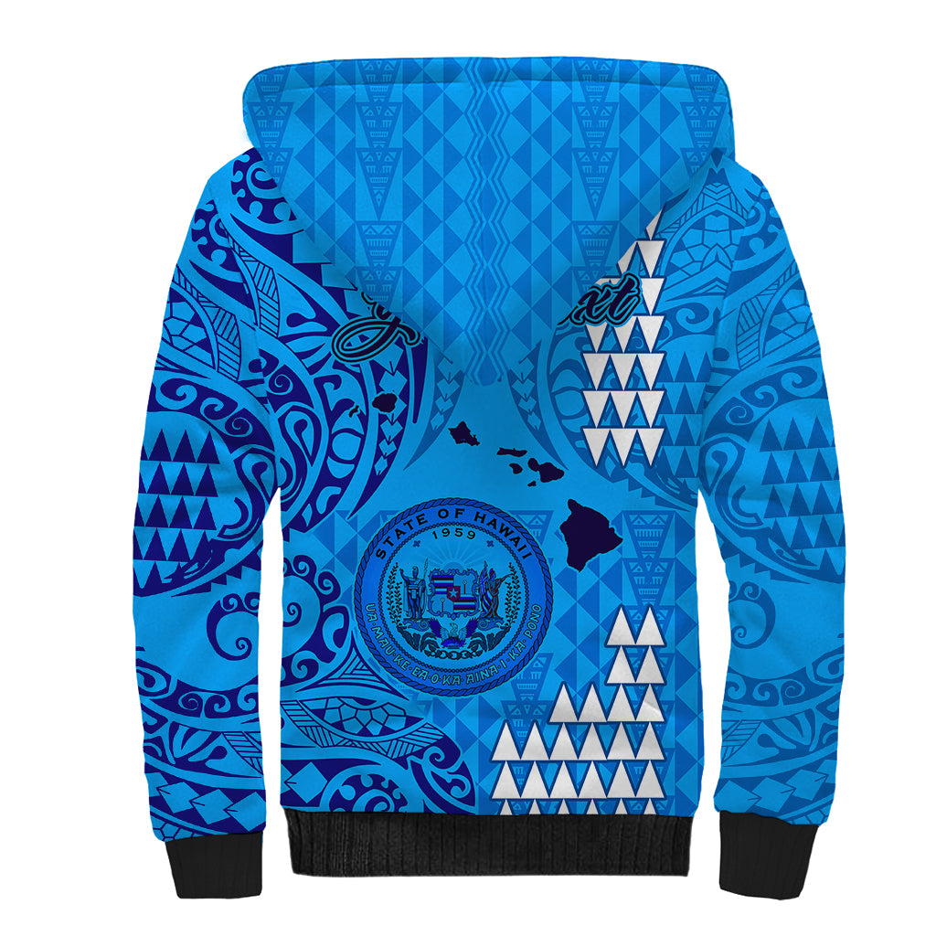 Personalised Maui Island Sherpa Hoodie Kakau Tribal Mixed Polynesian Pattern Blue LT9 - Polynesian Pride