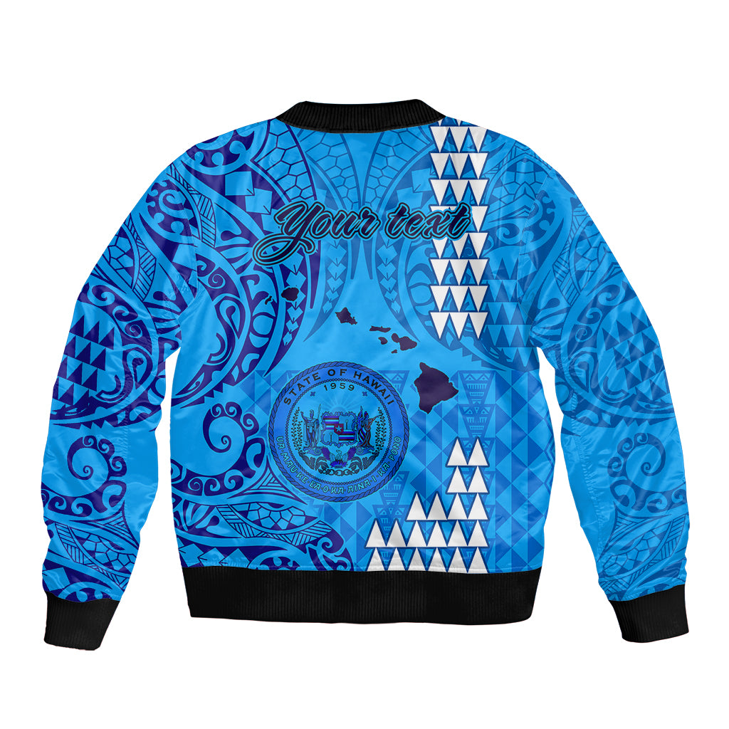 Personalised Maui Island Sleeve Zip Bomber Jacket Kakau Tribal Mixed Polynesian Pattern Blue LT9 - Polynesian Pride