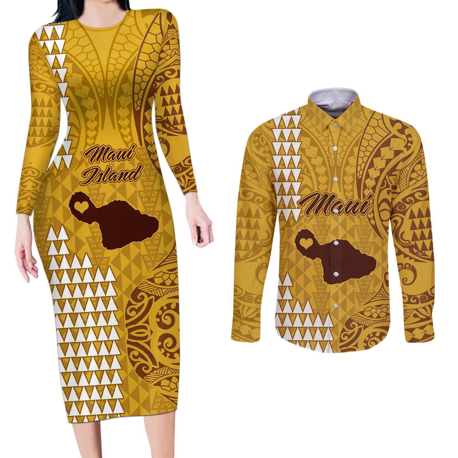 Maui Island Couples Matching Long Sleeve Bodycon Dress and Long Sleeve Button Shirts Kakau Tribal Mixed Polynesian Pattern Gold LT9 Gold - Polynesian Pride