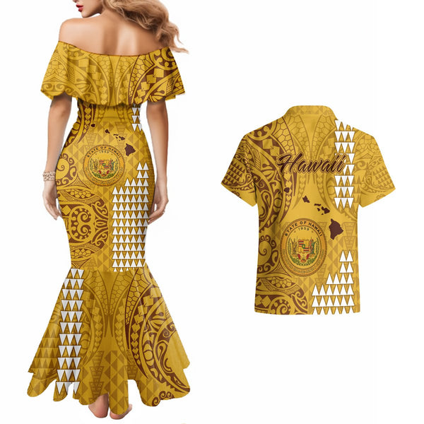 Personalised Maui Island Couples Matching Off The Shoulder Long Sleeve Dress and Hawaiian Shirt Kakau Tribal Mixed Polynesian Pattern Green LT9 main image 0