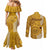 Maui Island Couples Matching Mermaid Dress and Long Sleeve Button Shirts Kakau Tribal Mixed Polynesian Pattern Gold LT9 - Polynesian Pride