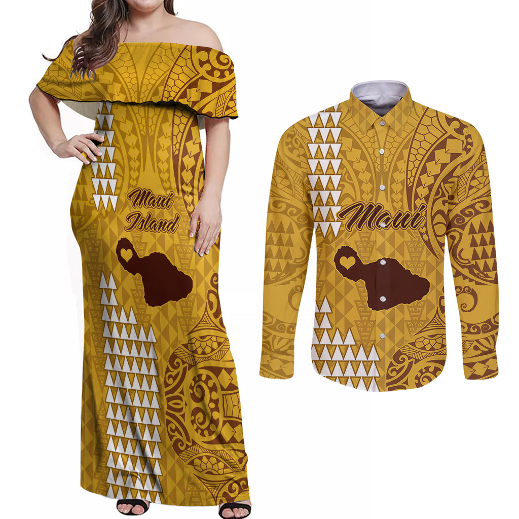 Maui Island Couples Matching Off Shoulder Maxi Dress and Long Sleeve Button Shirts Kakau Tribal Mixed Polynesian Pattern Gold LT9 Gold - Polynesian Pride
