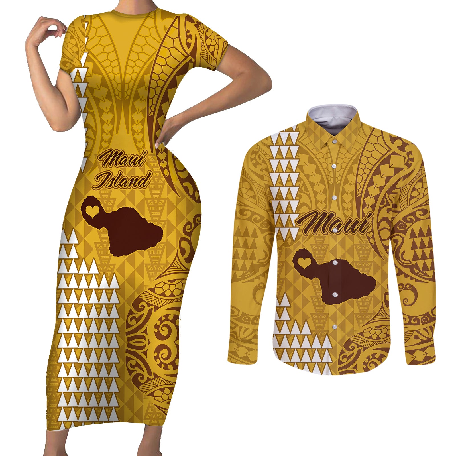 Maui Island Couples Matching Short Sleeve Bodycon Dress and Long Sleeve Button Shirts Kakau Tribal Mixed Polynesian Pattern Gold LT9 Gold - Polynesian Pride