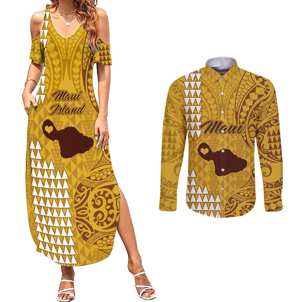 Maui Island Couples Matching Summer Maxi Dress and Long Sleeve Button Shirts Kakau Tribal Mixed Polynesian Pattern Gold LT9 Gold - Polynesian Pride