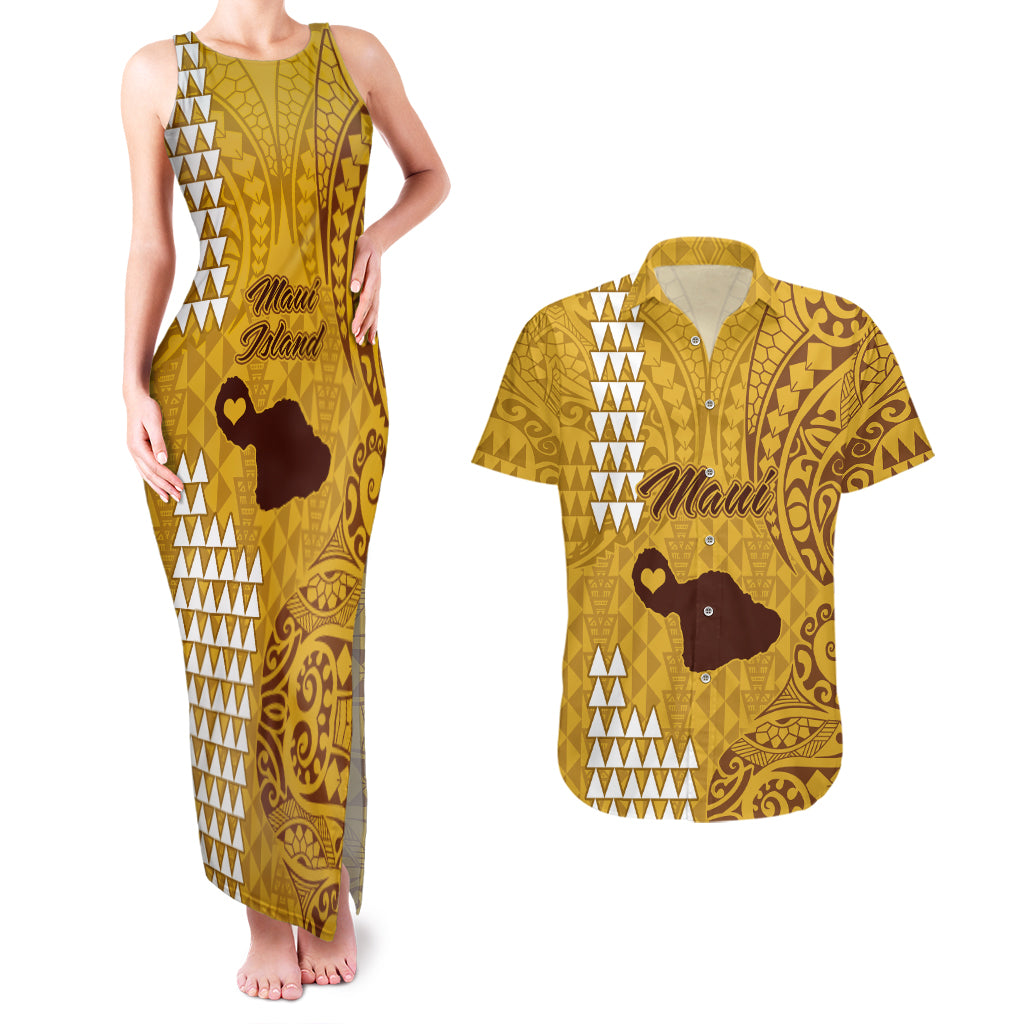 Maui Island Couples Matching Tank Maxi Dress and Hawaiian Shirt Kakau Tribal Mixed Polynesian Pattern Gold LT9 Gold - Polynesian Pride