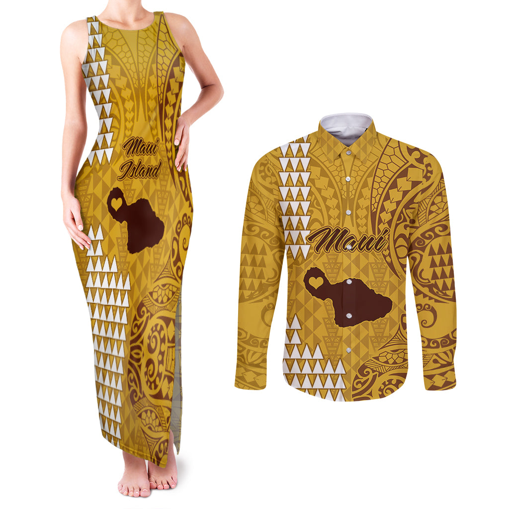 Maui Island Couples Matching Tank Maxi Dress and Long Sleeve Button Shirts Kakau Tribal Mixed Polynesian Pattern Gold LT9 Gold - Polynesian Pride
