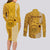 Personalised Maui Island Couples Matching Long Sleeve Bodycon Dress and Long Sleeve Button Shirts Kakau Tribal Mixed Polynesian Pattern Gold LT9 - Polynesian Pride
