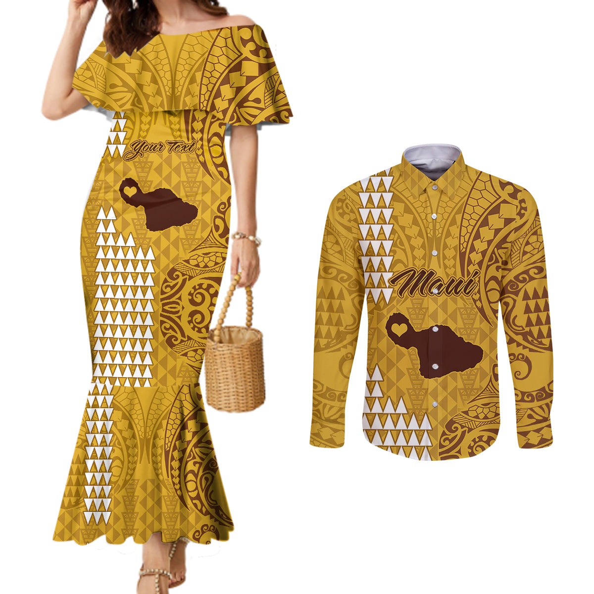 Personalised Maui Island Couples Matching Mermaid Dress and Long Sleeve Button Shirts Kakau Tribal Mixed Polynesian Pattern Gold LT9 Gold - Polynesian Pride
