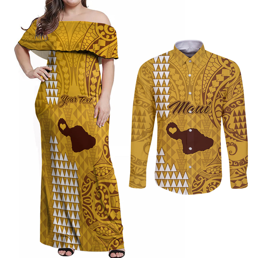 Personalised Maui Island Couples Matching Off Shoulder Maxi Dress and Long Sleeve Button Shirts Kakau Tribal Mixed Polynesian Pattern Gold LT9 Gold - Polynesian Pride