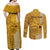 Personalised Maui Island Couples Matching Off Shoulder Maxi Dress and Long Sleeve Button Shirts Kakau Tribal Mixed Polynesian Pattern Gold LT9 - Polynesian Pride