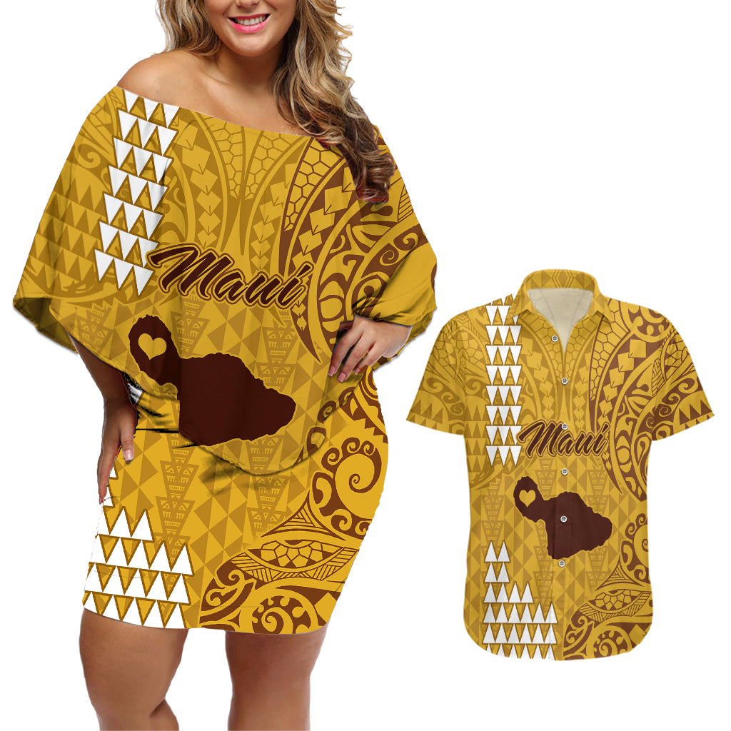 Personalised Maui Island Couples Matching Off Shoulder Short Dress and Hawaiian Shirt Kakau Tribal Mixed Polynesian Pattern Gold LT9 Gold - Polynesian Pride