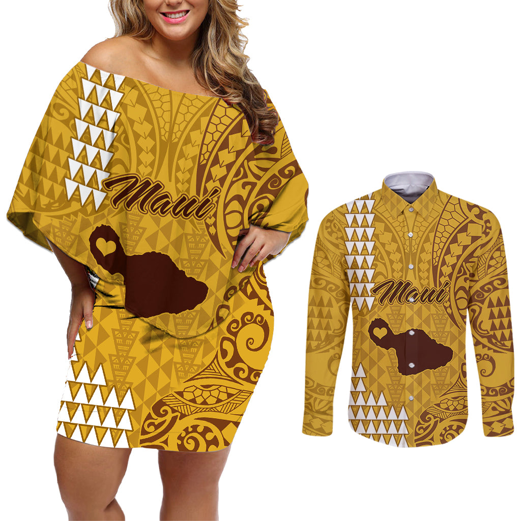 Personalised Maui Island Couples Matching Off Shoulder Short Dress and Long Sleeve Button Shirts Kakau Tribal Mixed Polynesian Pattern Gold LT9 Gold - Polynesian Pride