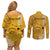 Personalised Maui Island Couples Matching Off Shoulder Short Dress and Long Sleeve Button Shirts Kakau Tribal Mixed Polynesian Pattern Gold LT9 - Polynesian Pride