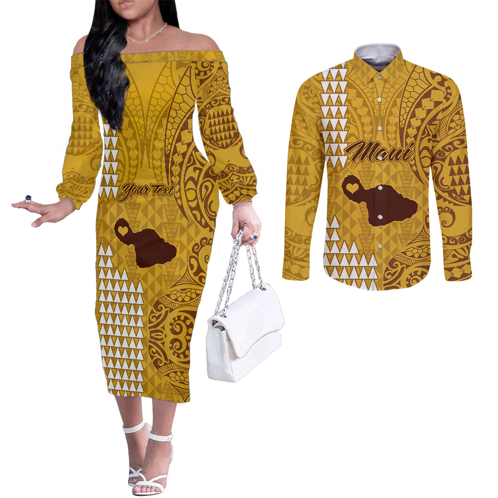 Personalised Maui Island Couples Matching Off The Shoulder Long Sleeve Dress and Long Sleeve Button Shirts Kakau Tribal Mixed Polynesian Pattern Gold LT9 Gold - Polynesian Pride