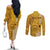 Personalised Maui Island Couples Matching Off The Shoulder Long Sleeve Dress and Long Sleeve Button Shirts Kakau Tribal Mixed Polynesian Pattern Gold LT9 - Polynesian Pride