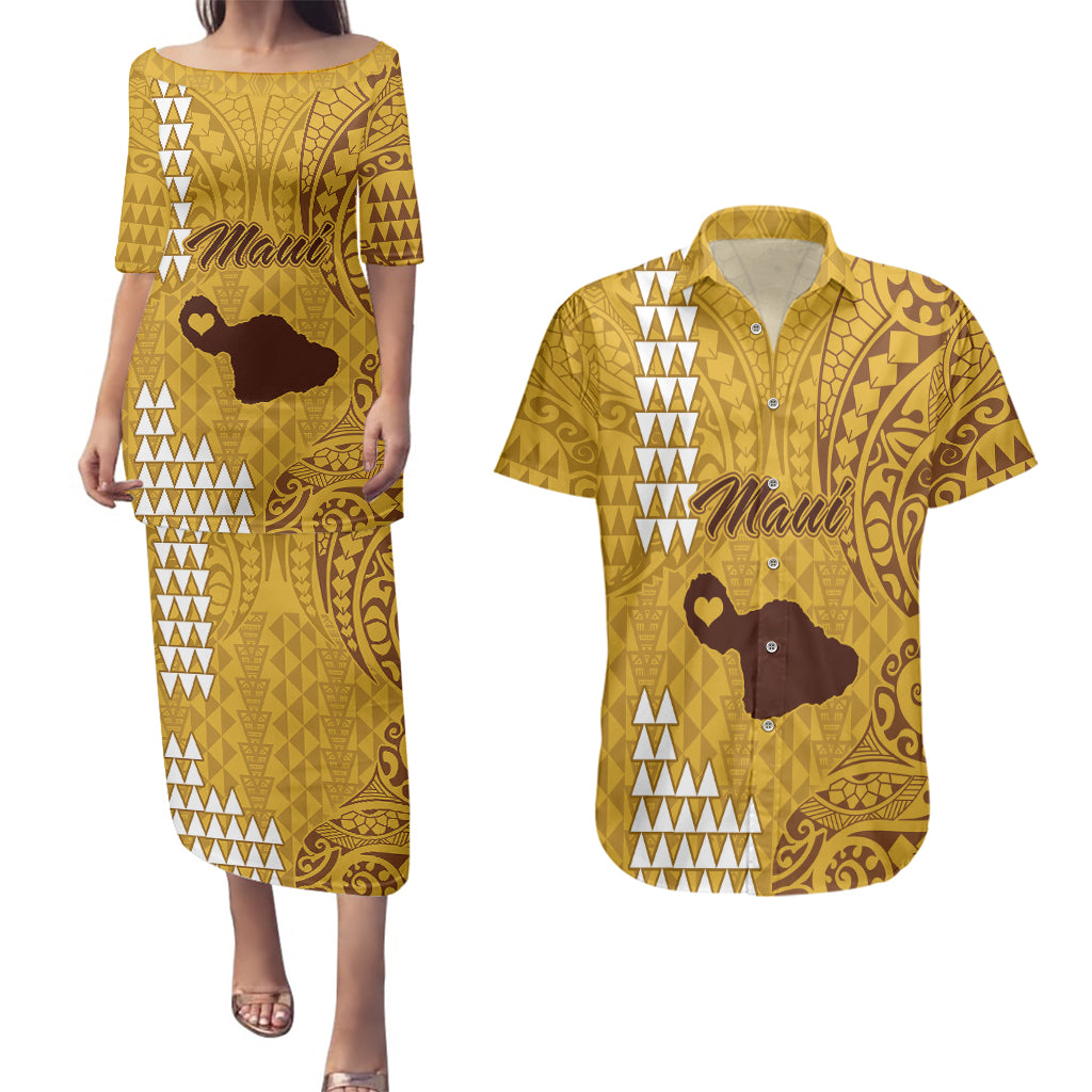 Personalised Maui Island Couples Matching Puletasi Dress and Hawaiian Shirt Kakau Tribal Mixed Polynesian Pattern Gold LT9 Gold - Polynesian Pride