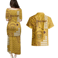 Personalised Maui Island Couples Matching Puletasi Dress and Hawaiian Shirt Kakau Tribal Mixed Polynesian Pattern Gold LT9 - Polynesian Pride