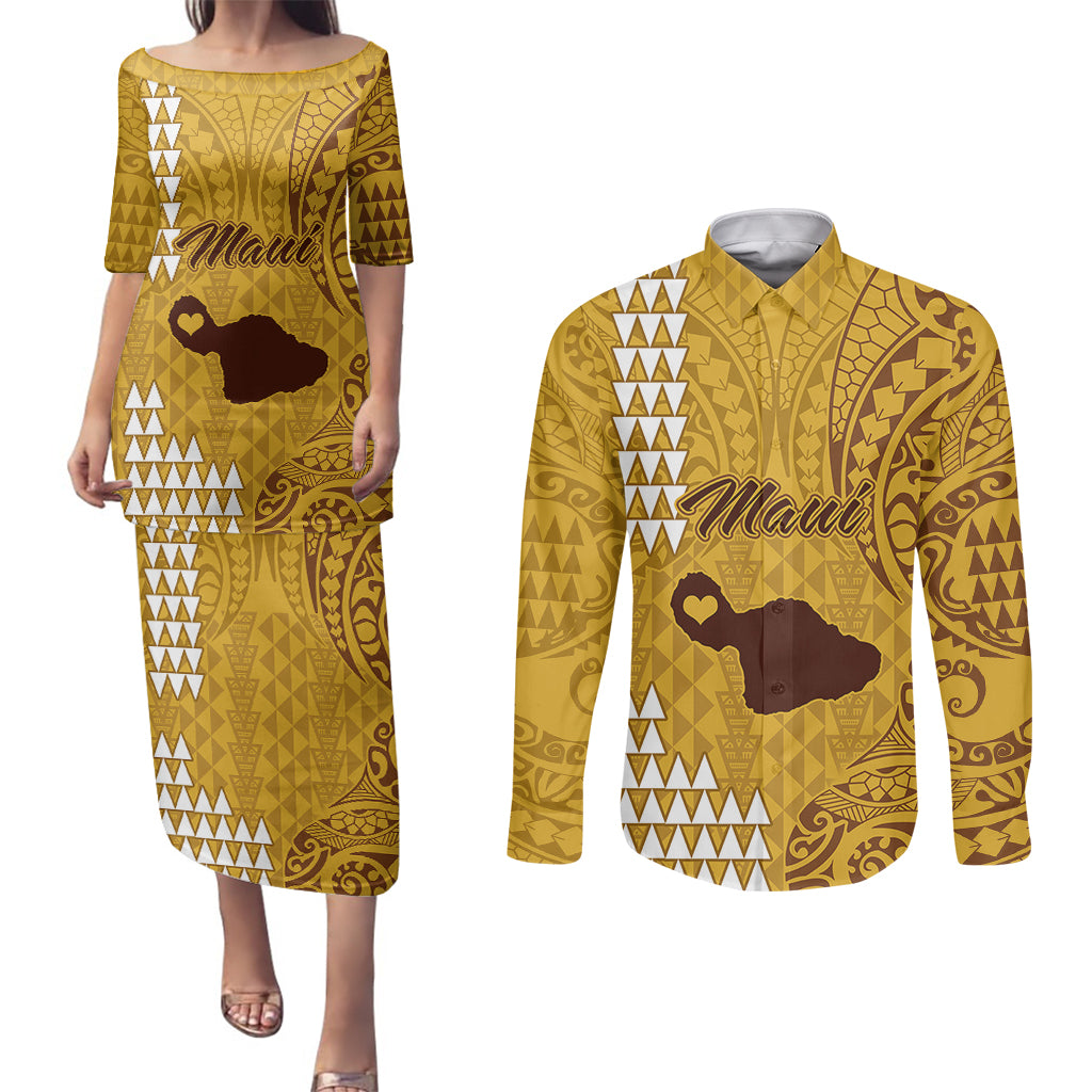 Personalised Maui Island Couples Matching Puletasi Dress and Long Sleeve Button Shirts Kakau Tribal Mixed Polynesian Pattern Gold LT9 Gold - Polynesian Pride
