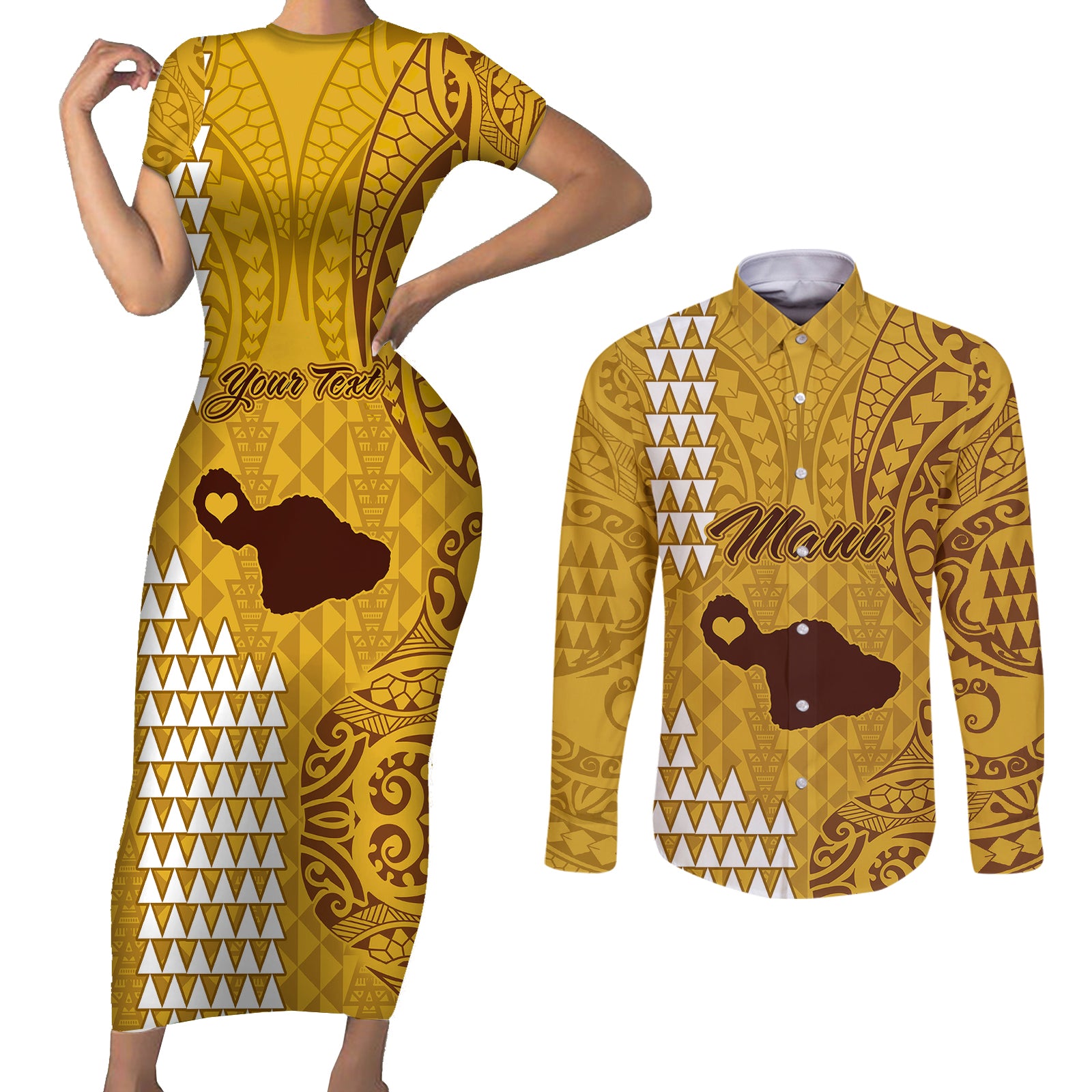 Personalised Maui Island Couples Matching Short Sleeve Bodycon Dress and Long Sleeve Button Shirts Kakau Tribal Mixed Polynesian Pattern Gold LT9 Gold - Polynesian Pride