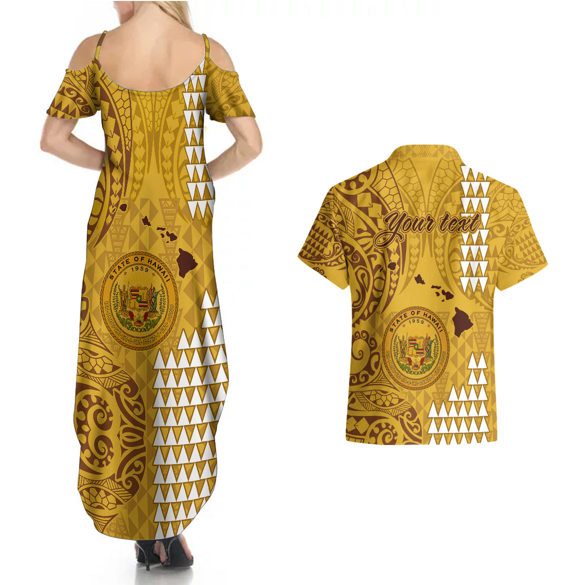 Personalised Maui Island Couples Matching Summer Maxi Dress and Hawaiian Shirt Kakau Tribal Mixed Polynesian Pattern Gold LT9 - Polynesian Pride