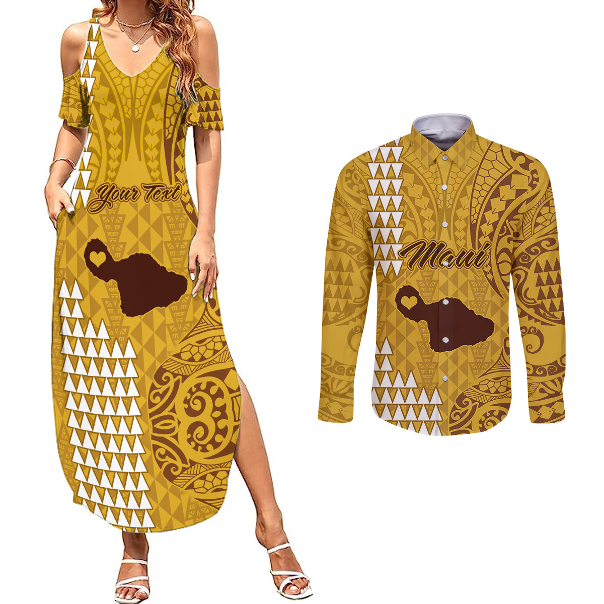 Personalised Maui Island Couples Matching Summer Maxi Dress and Long Sleeve Button Shirts Kakau Tribal Mixed Polynesian Pattern Gold LT9 Gold - Polynesian Pride