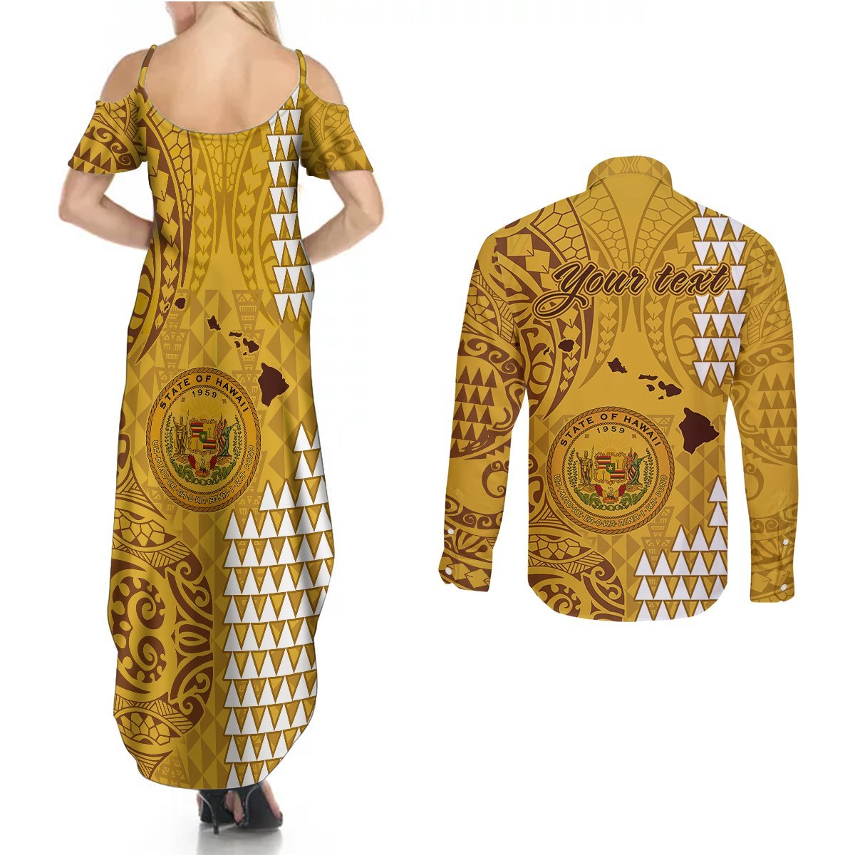 Personalised Maui Island Couples Matching Summer Maxi Dress and Long Sleeve Button Shirts Kakau Tribal Mixed Polynesian Pattern Gold LT9 - Polynesian Pride