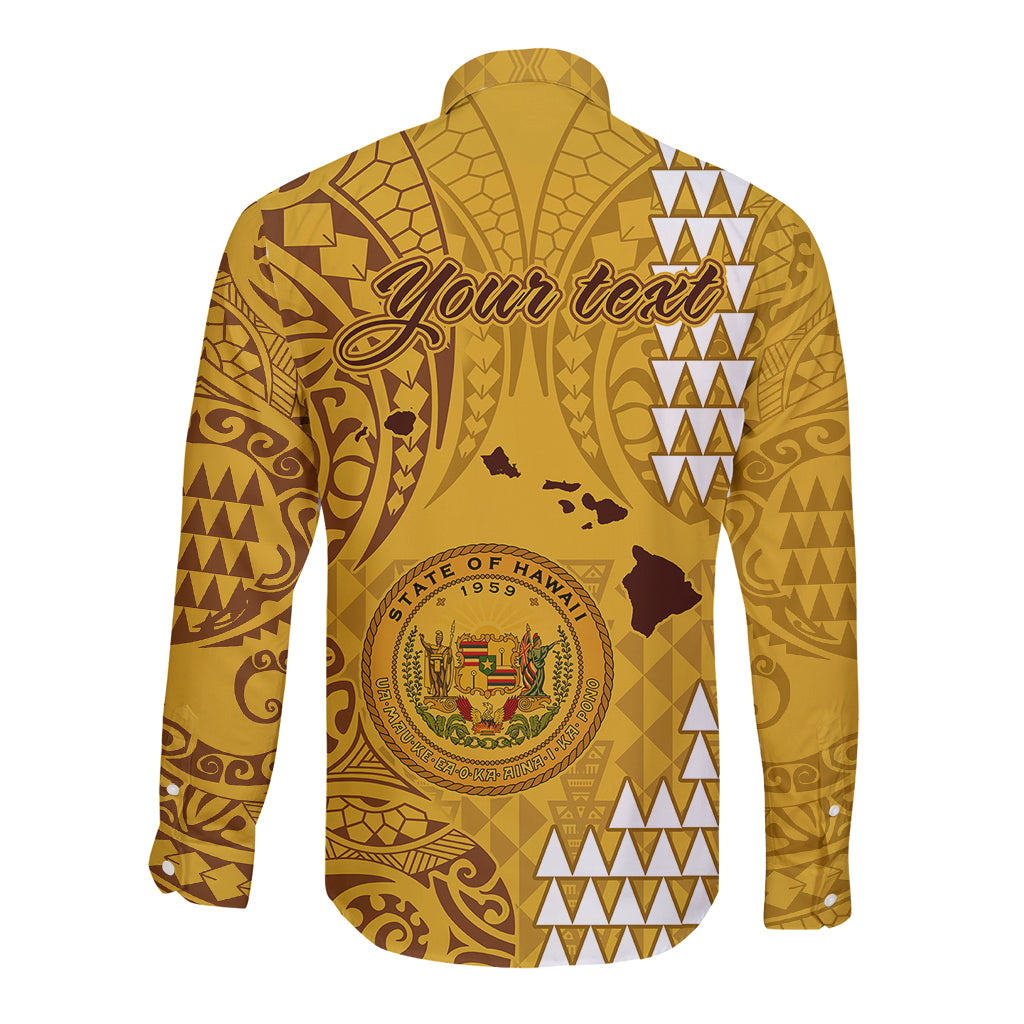 Personalised Maui Island Long Sleeve Button Shirt Kakau Tribal Mixed Polynesian Pattern Gold LT9 - Polynesian Pride