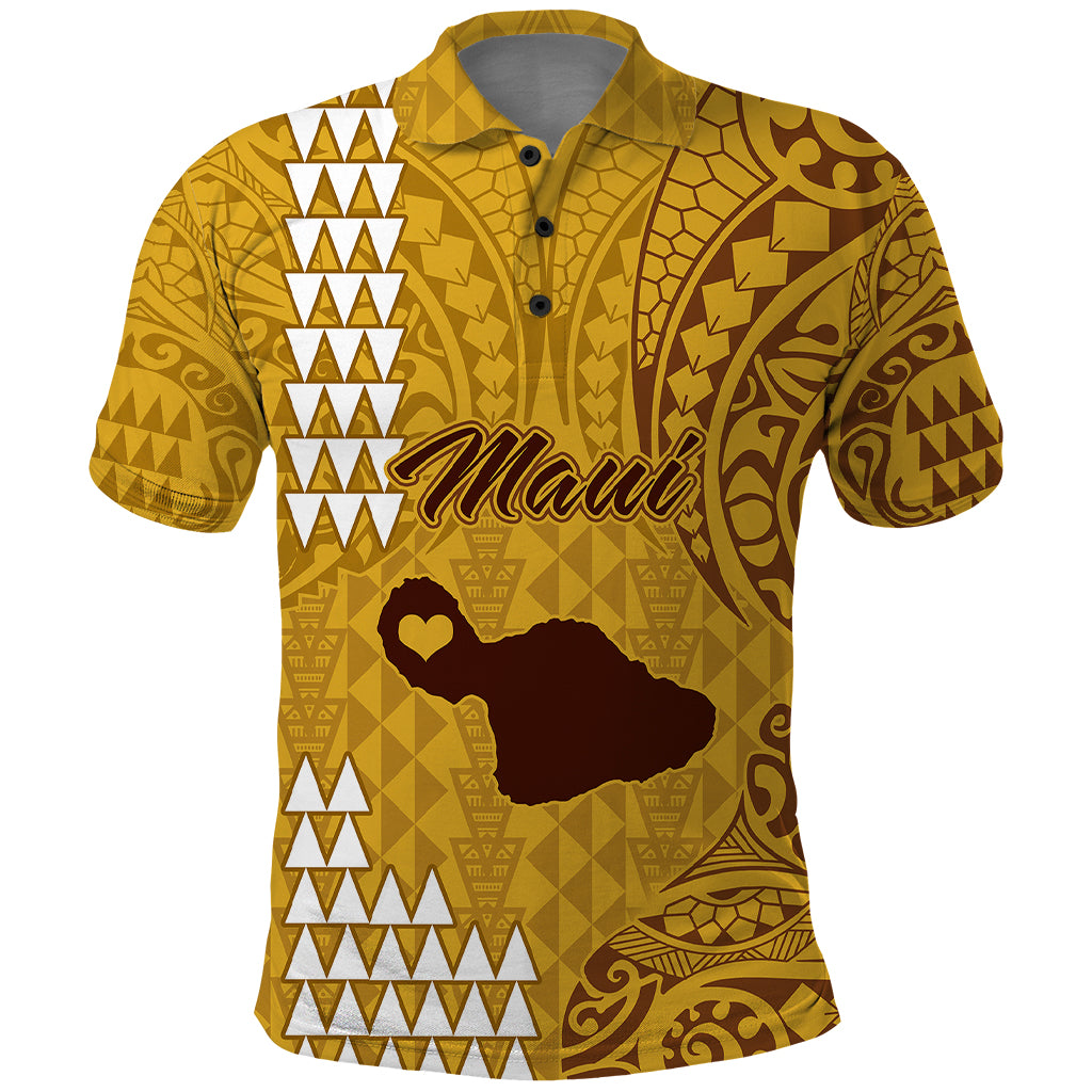 Personalised Maui Island Polo Shirt Kakau Tribal Mixed Polynesian Pattern Gold LT9 Gold - Polynesian Pride