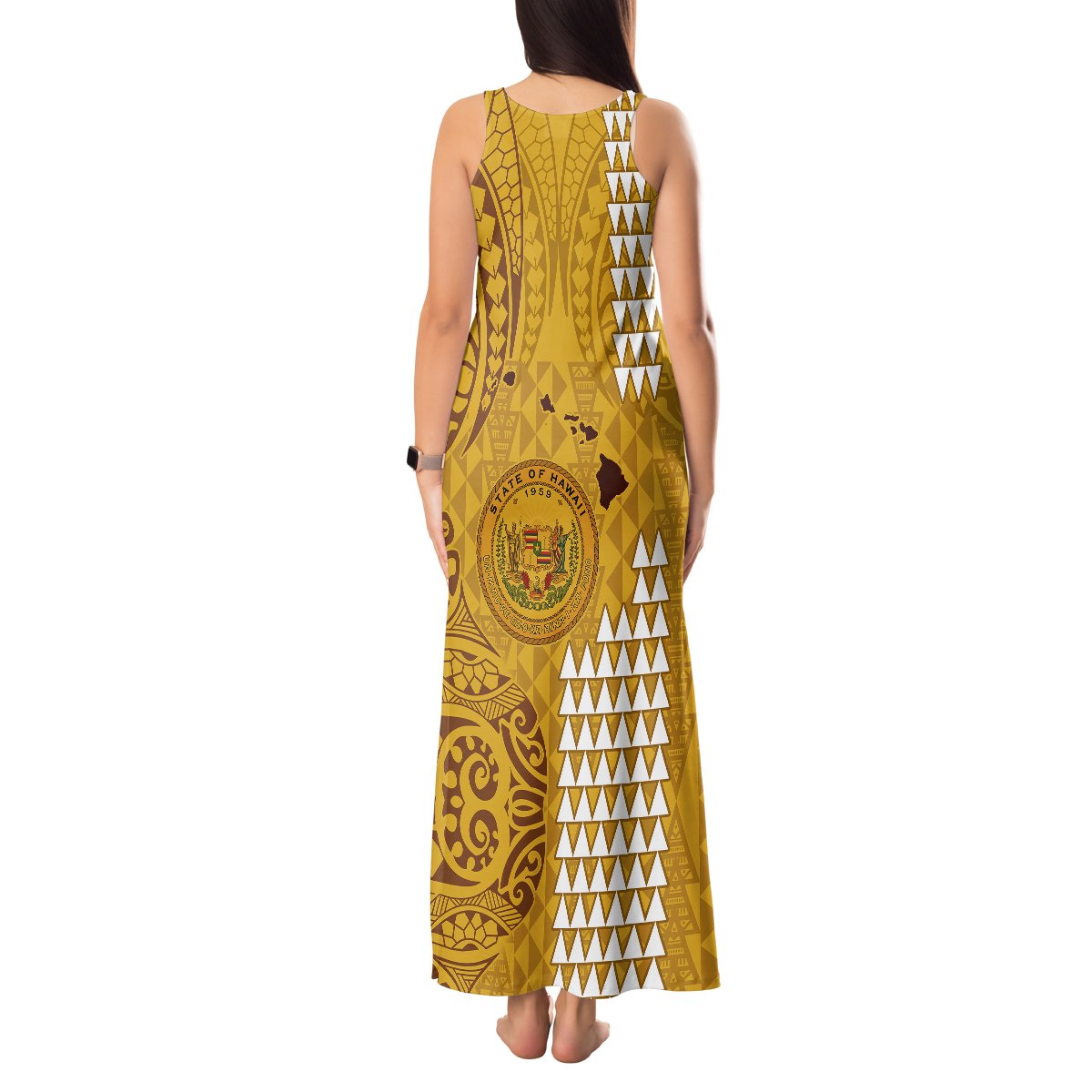 Personalised Maui Island Tank Maxi Dress Kakau Tribal Mixed Polynesian Pattern Gold LT9 - Polynesian Pride