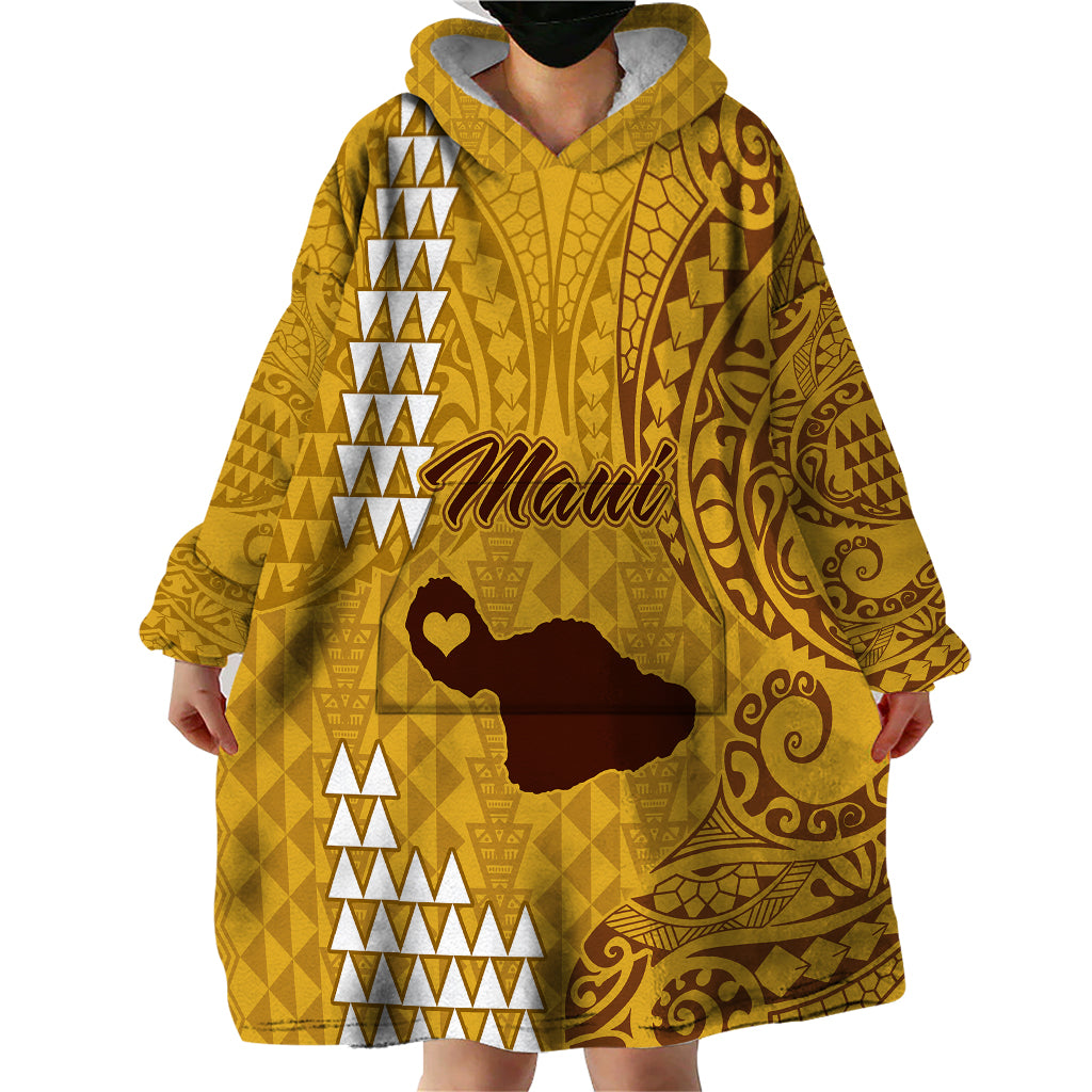 Personalised Maui Island Wearable Blanket Hoodie Kakau Tribal Mixed Polynesian Pattern Gold LT9 - Polynesian Pride