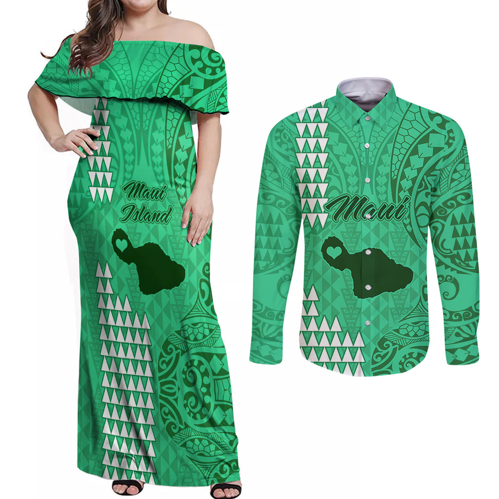Maui Island Couples Matching Off Shoulder Maxi Dress and Long Sleeve Button Shirts Kakau Tribal Mixed Polynesian Pattern Green LT9 Green - Polynesian Pride