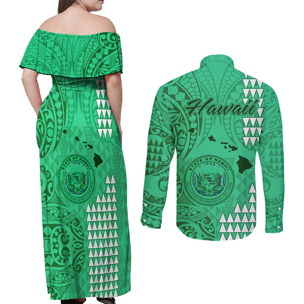 Maui Island Couples Matching Off Shoulder Maxi Dress and Long Sleeve Button Shirts Kakau Tribal Mixed Polynesian Pattern Green LT9 - Polynesian Pride