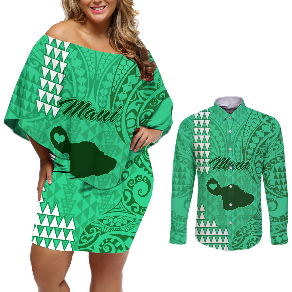 Maui Island Couples Matching Off Shoulder Short Dress and Long Sleeve Button Shirts Kakau Tribal Mixed Polynesian Pattern Green LT9 Green - Polynesian Pride