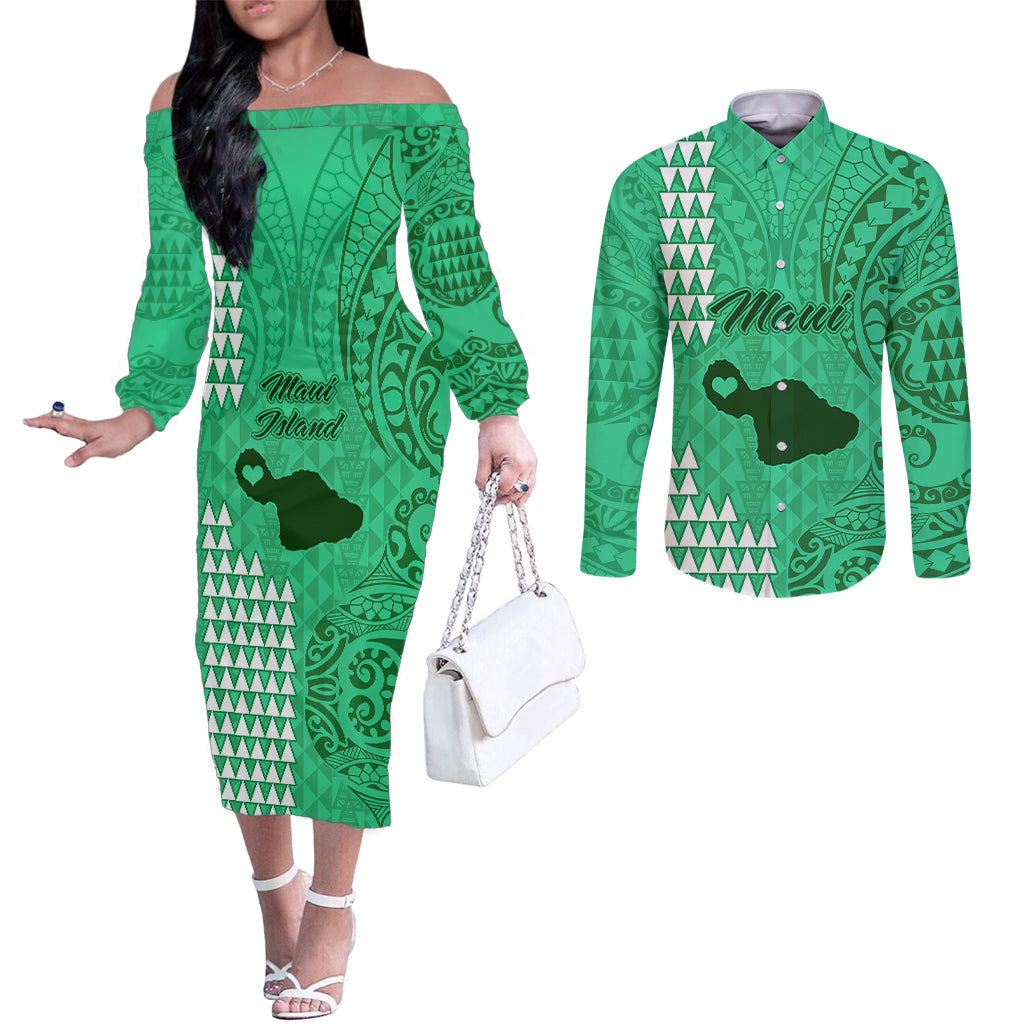 Maui Island Couples Matching Off The Shoulder Long Sleeve Dress and Long Sleeve Button Shirts Kakau Tribal Mixed Polynesian Pattern Green LT9 Green - Polynesian Pride