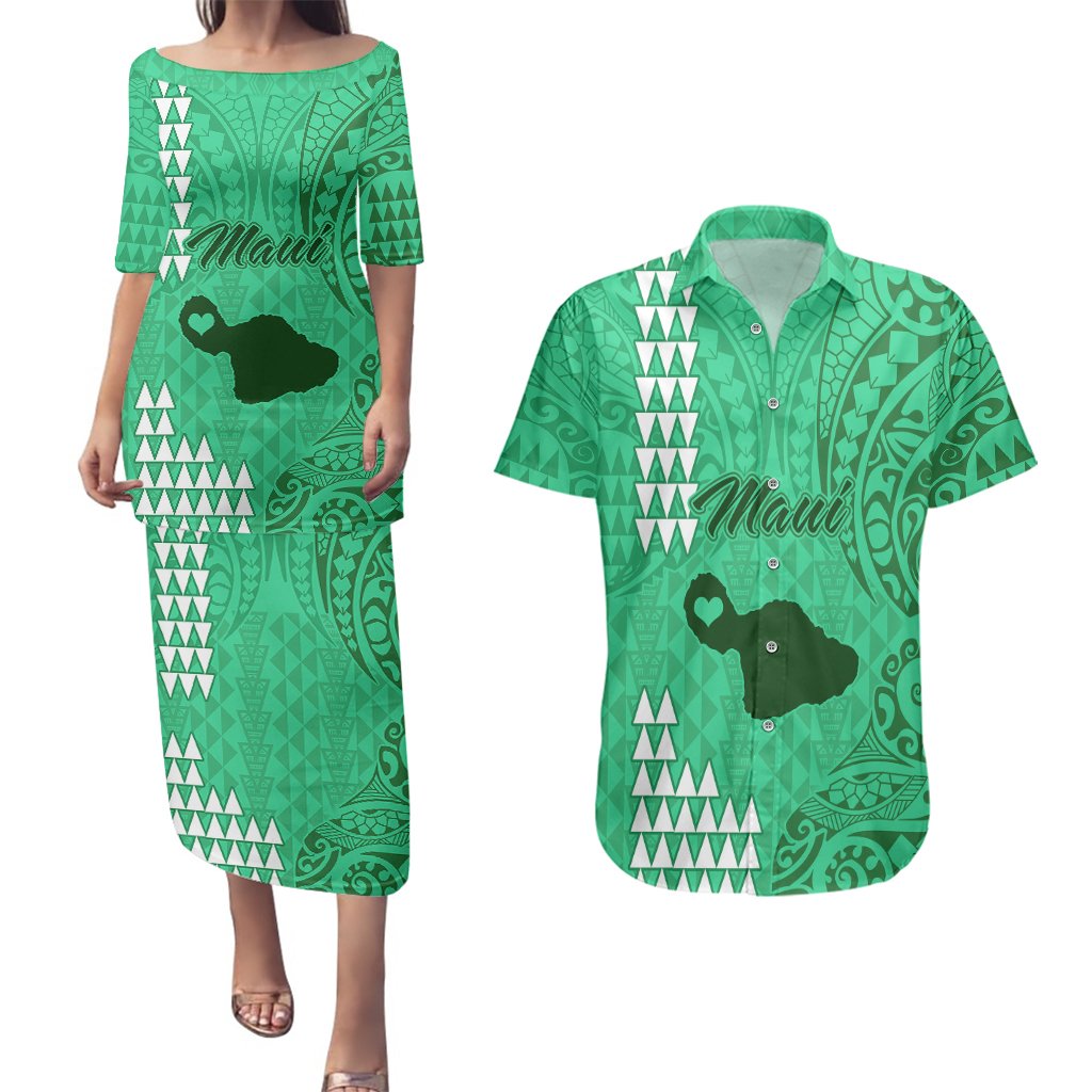 Maui Island Couples Matching Puletasi Dress and Hawaiian Shirt Kakau Tribal Mixed Polynesian Pattern Green LT9 Green - Polynesian Pride