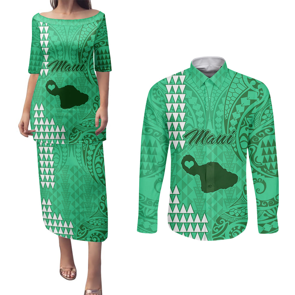 Maui Island Couples Matching Puletasi Dress and Long Sleeve Button Shirts Kakau Tribal Mixed Polynesian Pattern Green LT9 Green - Polynesian Pride