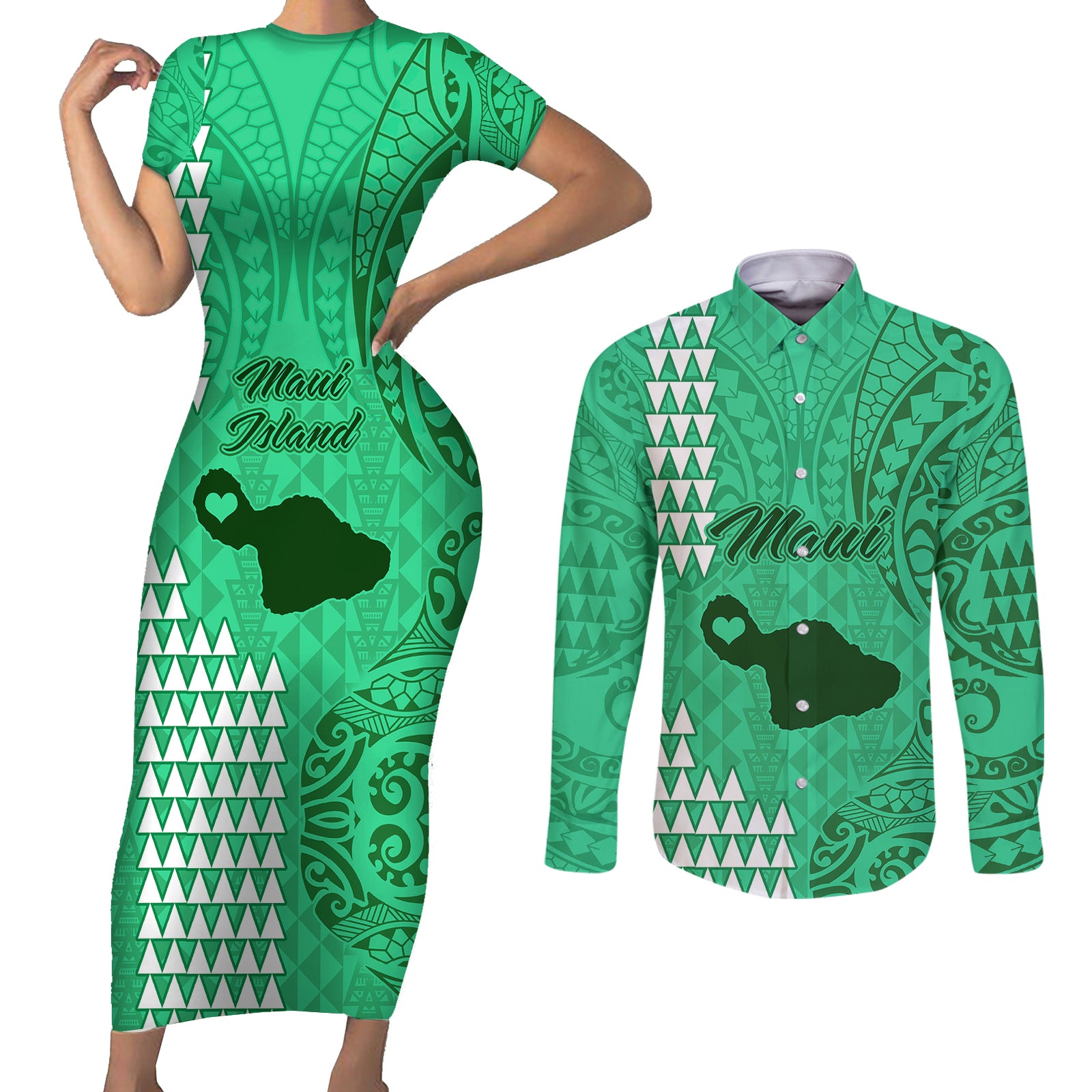 Maui Island Couples Matching Short Sleeve Bodycon Dress and Long Sleeve Button Shirts Kakau Tribal Mixed Polynesian Pattern Green LT9 Green - Polynesian Pride