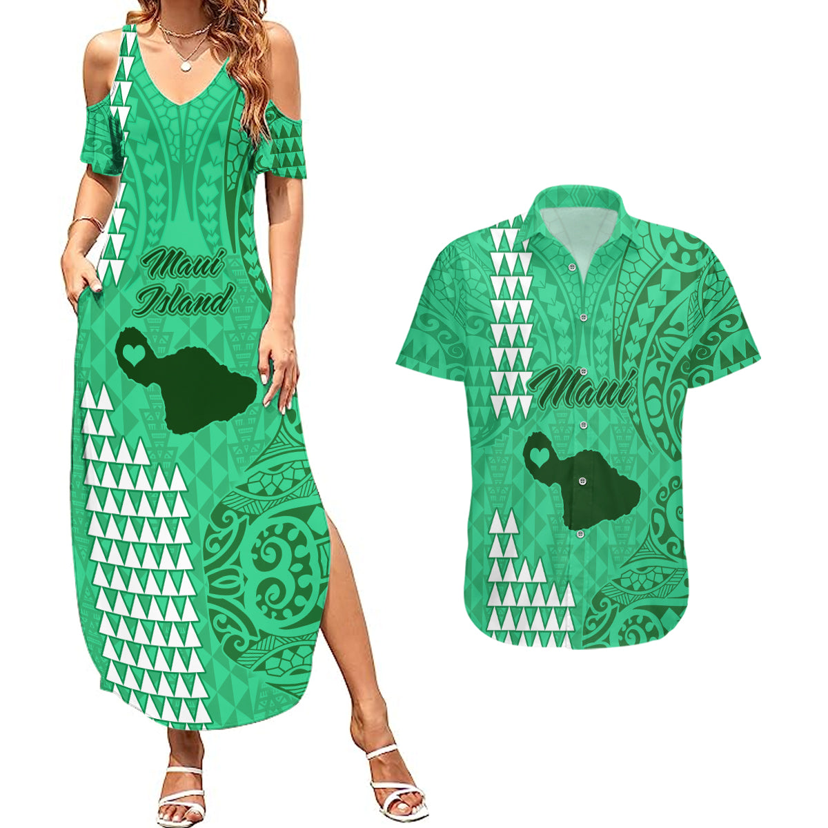 Maui Island Couples Matching Summer Maxi Dress and Hawaiian Shirt Kakau Tribal Mixed Polynesian Pattern Green LT9 Green - Polynesian Pride