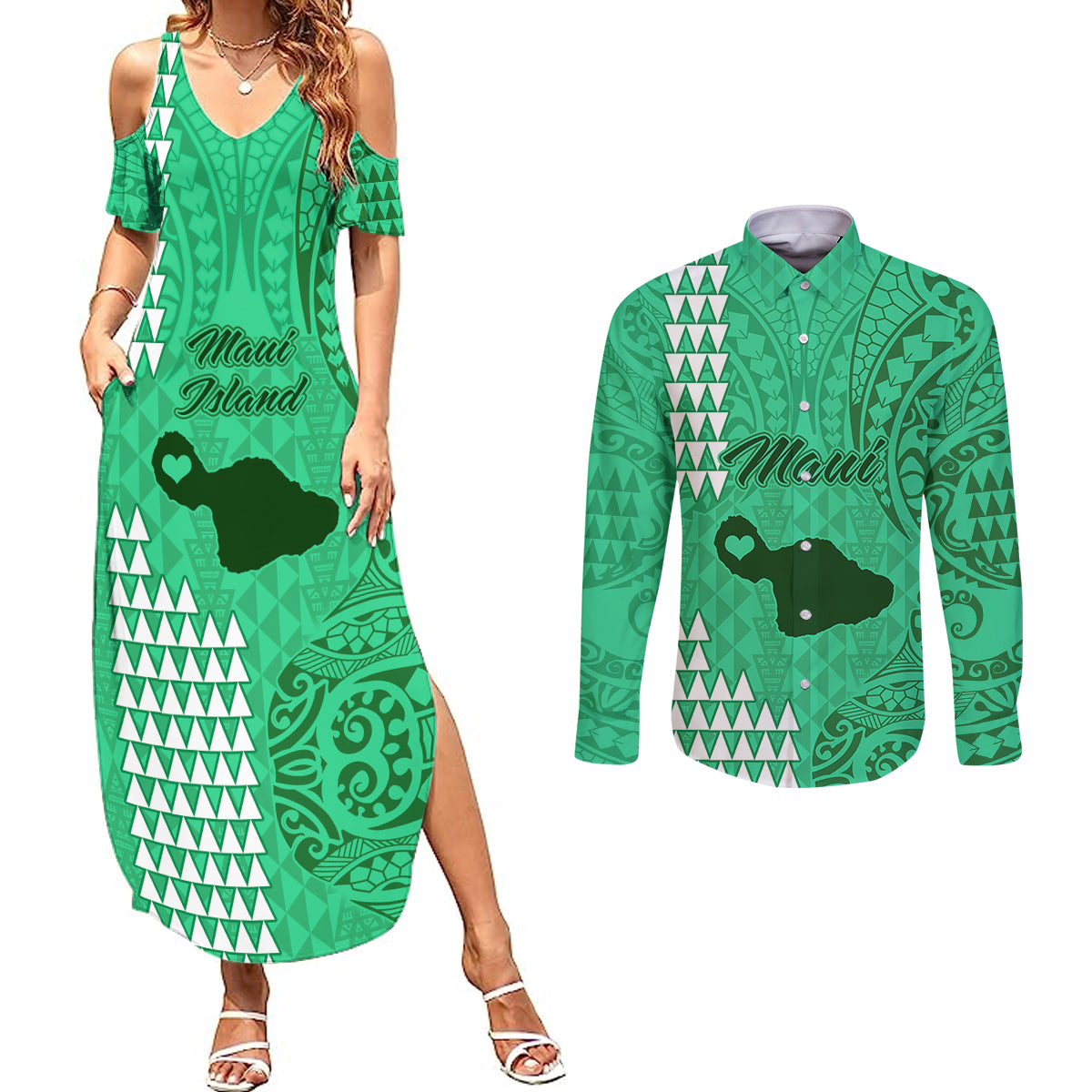 Maui Island Couples Matching Summer Maxi Dress and Long Sleeve Button Shirts Kakau Tribal Mixed Polynesian Pattern Green LT9 Green - Polynesian Pride