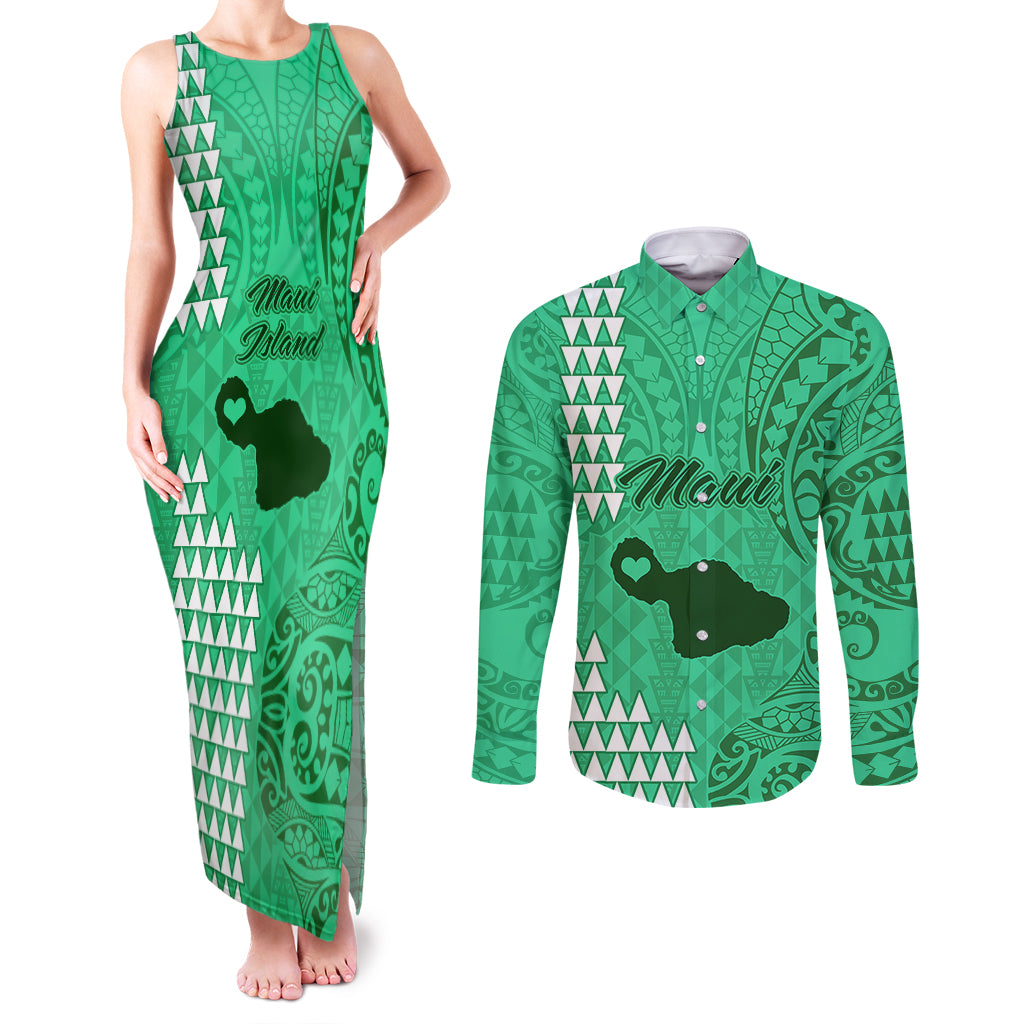 Maui Island Couples Matching Tank Maxi Dress and Long Sleeve Button Shirts Kakau Tribal Mixed Polynesian Pattern Green LT9 Green - Polynesian Pride