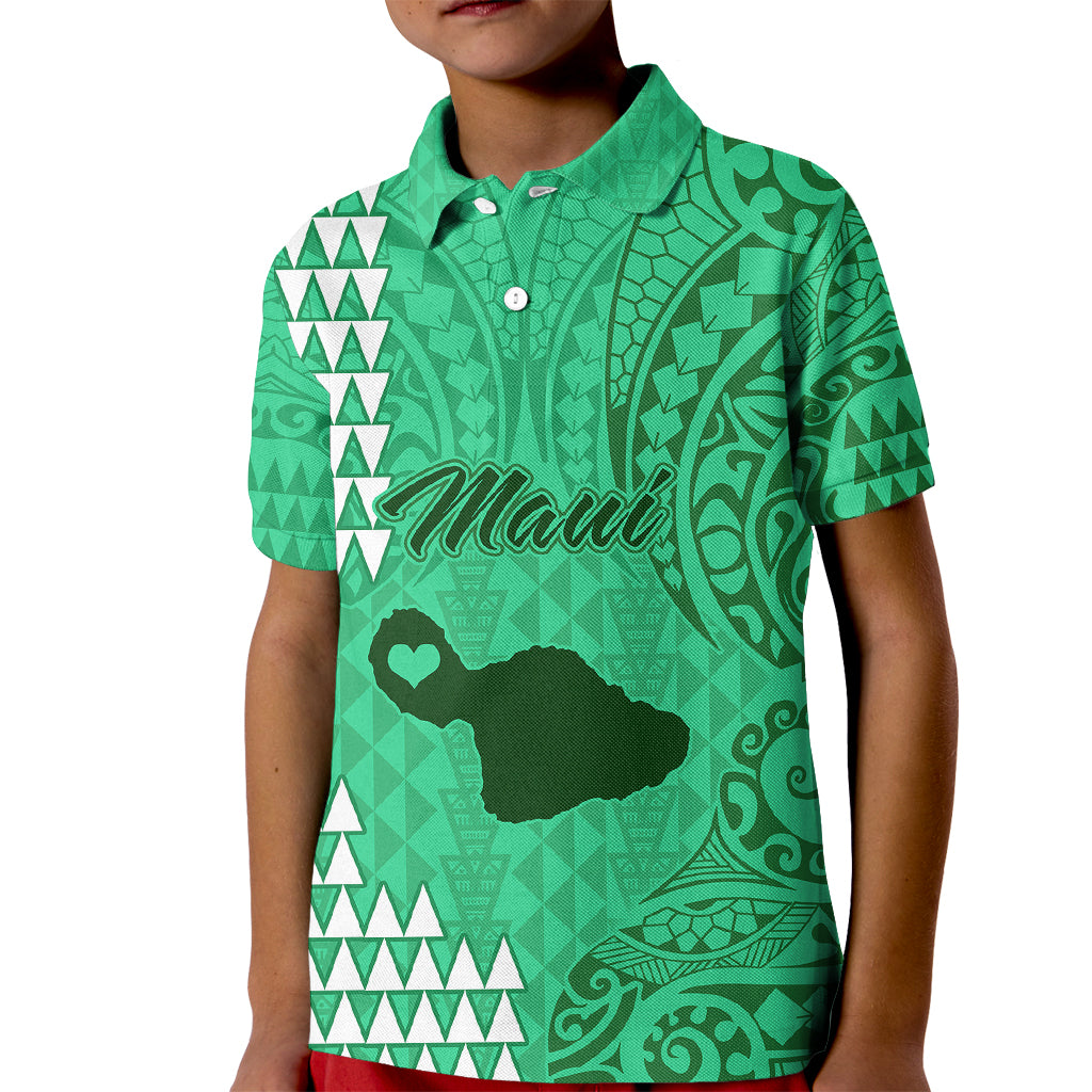 Maui Island Kid Polo Shirt Kakau Tribal Mixed Polynesian Pattern Green LT9 Kid Green - Polynesian Pride