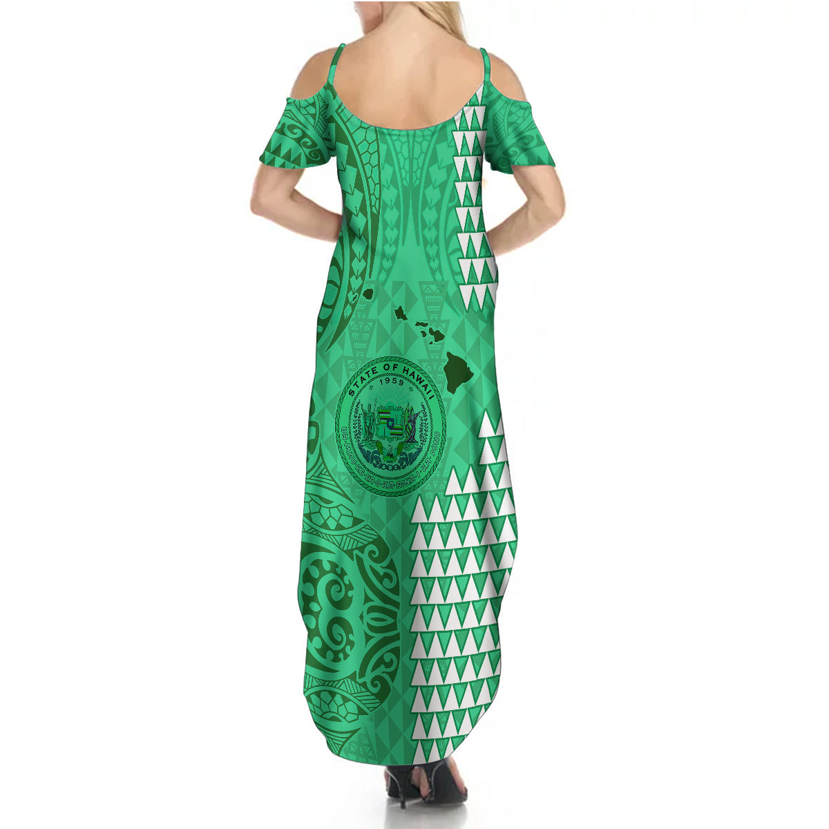 Maui Island Summer Maxi Dress Kakau Tribal Mixed Polynesian Pattern Green LT9 - Polynesian Pride