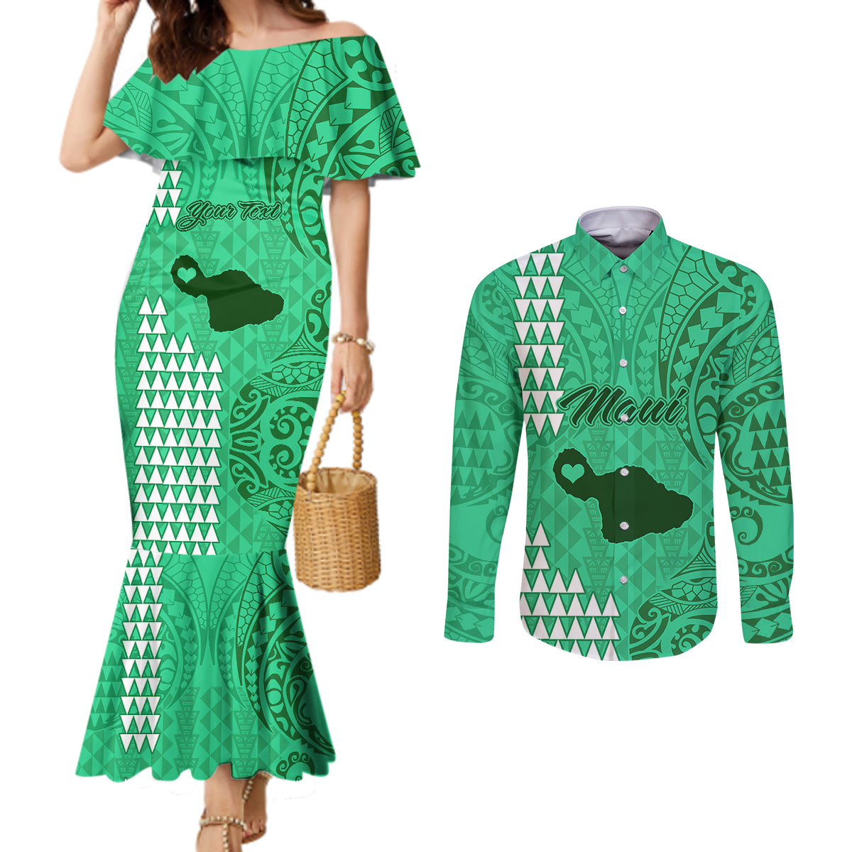 Personalised Maui Island Couples Matching Mermaid Dress and Long Sleeve Button Shirts Kakau Tribal Mixed Polynesian Pattern Green LT9 Green - Polynesian Pride