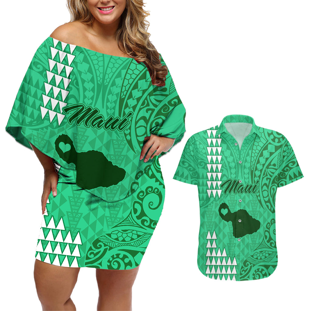 Personalised Maui Island Couples Matching Off Shoulder Short Dress and Hawaiian Shirt Kakau Tribal Mixed Polynesian Pattern Green LT9 Green - Polynesian Pride