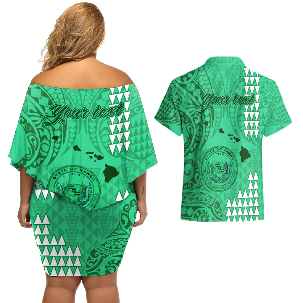 Personalised Maui Island Couples Matching Off Shoulder Short Dress and Hawaiian Shirt Kakau Tribal Mixed Polynesian Pattern Green LT9 - Polynesian Pride