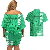 Personalised Maui Island Couples Matching Off Shoulder Short Dress and Hawaiian Shirt Kakau Tribal Mixed Polynesian Pattern Green LT9 - Polynesian Pride