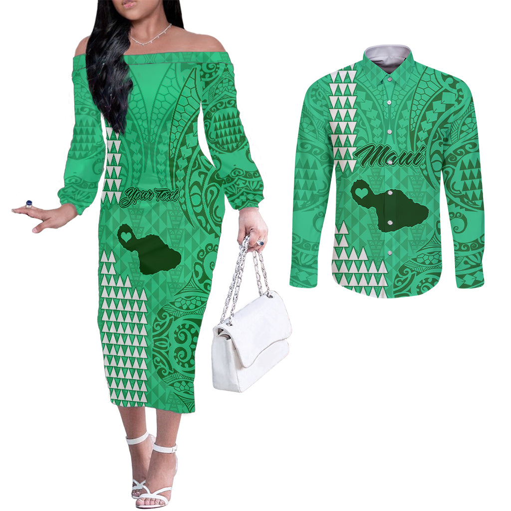 Personalised Maui Island Couples Matching Off The Shoulder Long Sleeve Dress and Long Sleeve Button Shirts Kakau Tribal Mixed Polynesian Pattern Green LT9 Green - Polynesian Pride