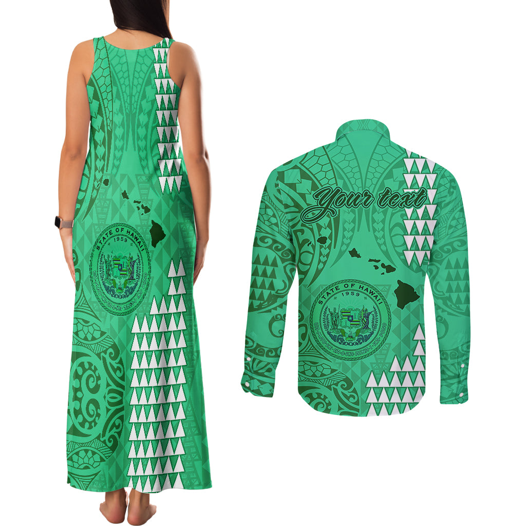 Personalised Maui Island Couples Matching Tank Maxi Dress and Long Sleeve Button Shirts Kakau Tribal Mixed Polynesian Pattern Green LT9 - Polynesian Pride