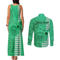 Personalised Maui Island Couples Matching Tank Maxi Dress and Long Sleeve Button Shirts Kakau Tribal Mixed Polynesian Pattern Green LT9 - Polynesian Pride