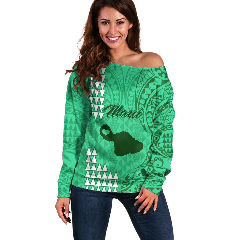 Personalised Maui Island Off Shoulder Sweater Kakau Tribal Mixed Polynesian Pattern Green LT9 Women Green - Polynesian Pride